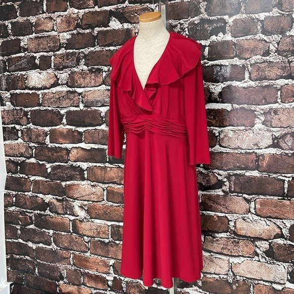 Evan-Picone Dress Women's 14 Red Long Sleeve A-Line Midi V-Neck Ruffles - Picture 6 of 16
